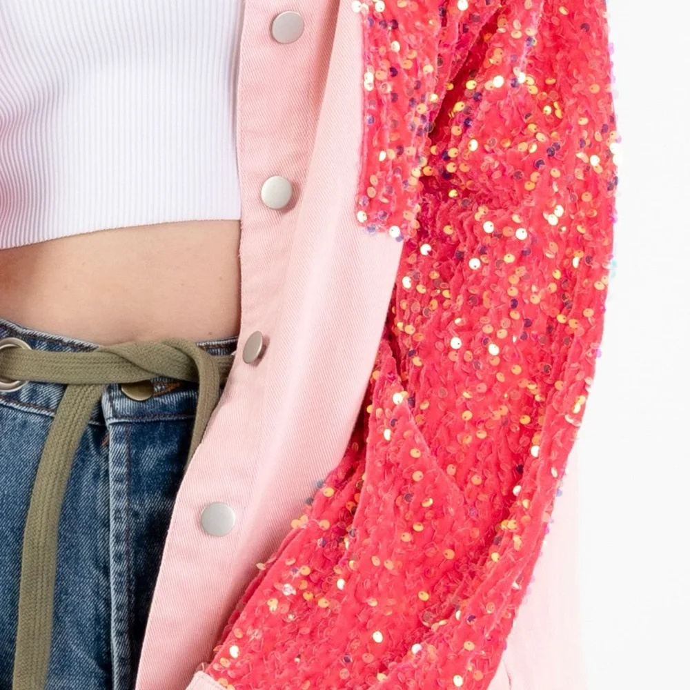 🔥🔥Denim Oversized Contrast Sleeve Shacket With Sequence Pink Size NWT - Picture 4 of 5
